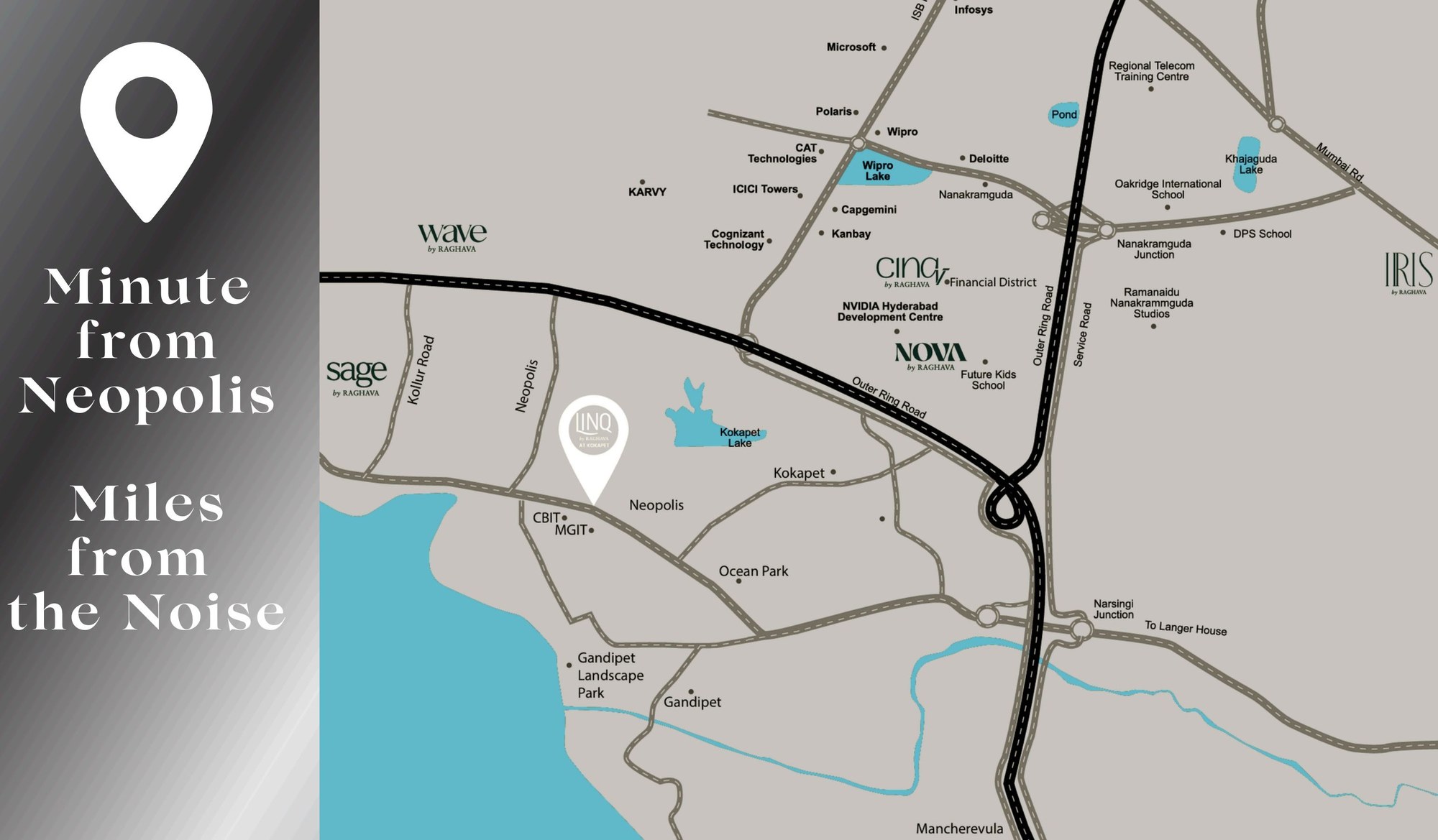 Location map of LINQ at Kokapet showing Neopolis, Kokapet Lake, Financial District and Outer Ring Road