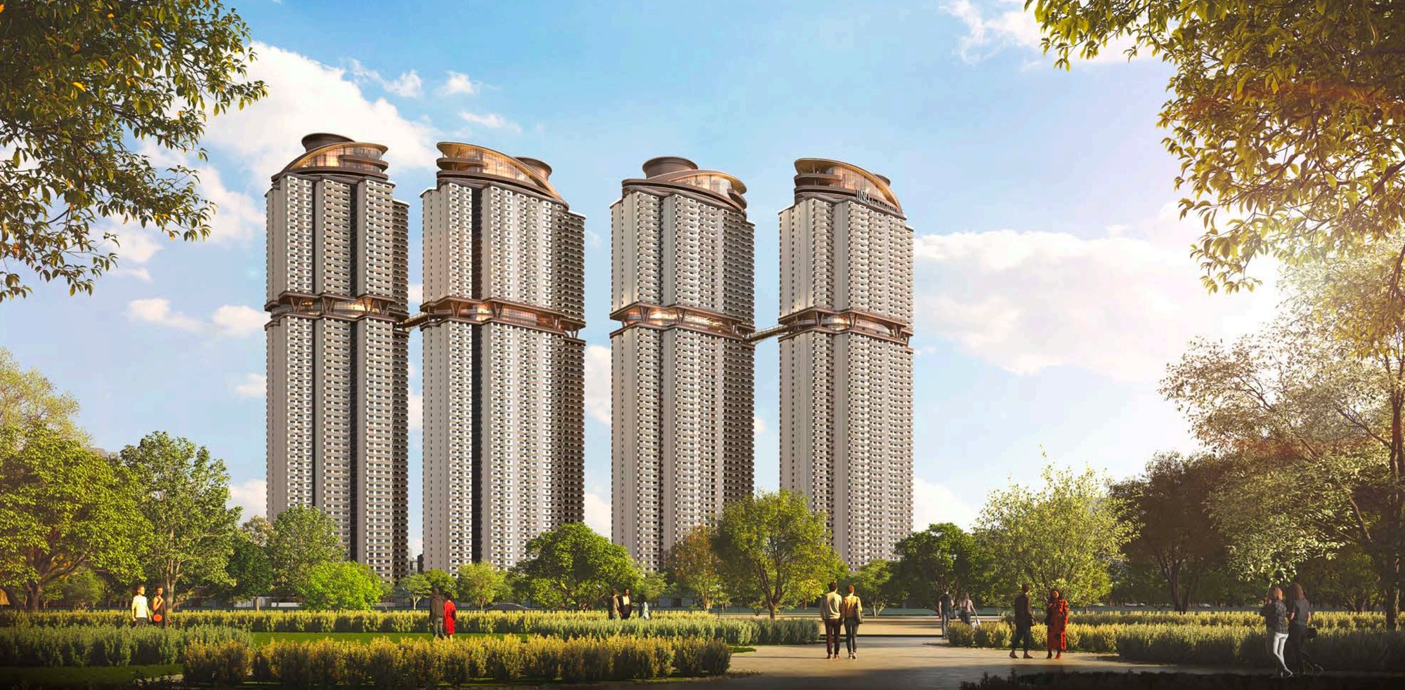 LINQ by Raghava four towers seen across the landscaped park
